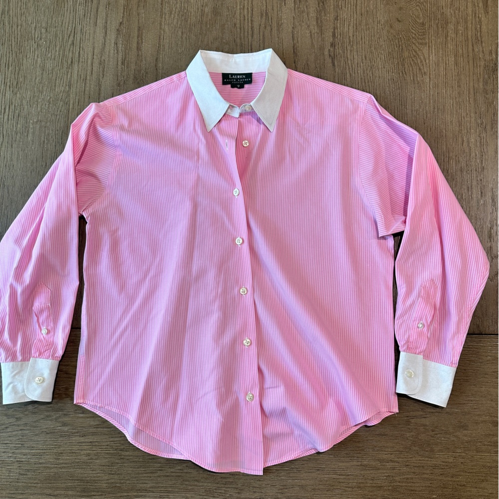 Lauren Ralph Lauren Petite 12 Classic Button Down Blouse Pink & White Striped - Picture 3 of 10